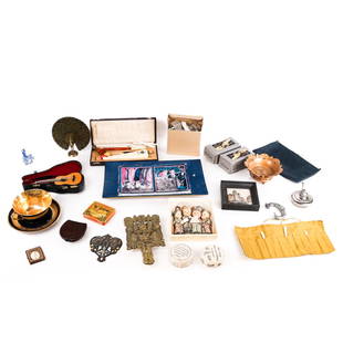 Assembled Group of Decorative Collectibles, 16+: Including a miniature guitar in case, brass trivet, Oneida napkin rings, salt and pepper shakers, vintage handbag, and other items. [Desk set case: 4 1/4 x 10 x 1 1/2 inches].