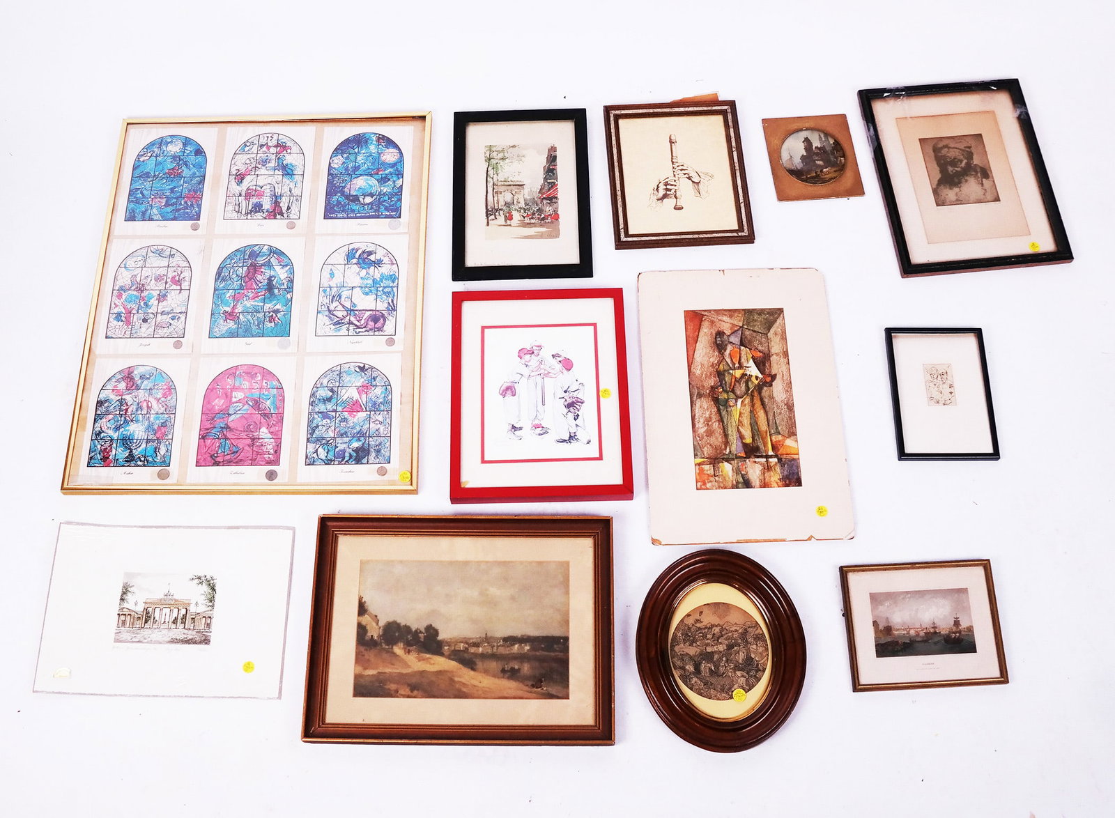 Group of Decorative Artworks: With various scenes including a village scene after Corot, after Norman Rockwell, and others. [Larger: Frame: 13 1/2 x 18 inches]. All in "as-found" condition.