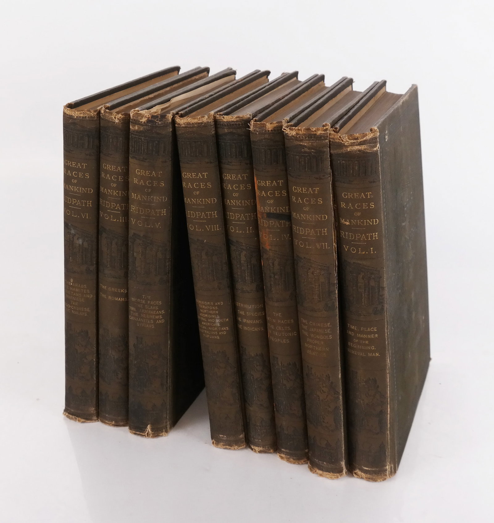 Books - Ridpath: Great Races of Mankind 1893 (8): 8 volumes in embossed cloth covers. Jones Brothers Publishing. [10 3/4 x 8 3/4 inches]. Losses to covers, marks, toning, wear, bruises.