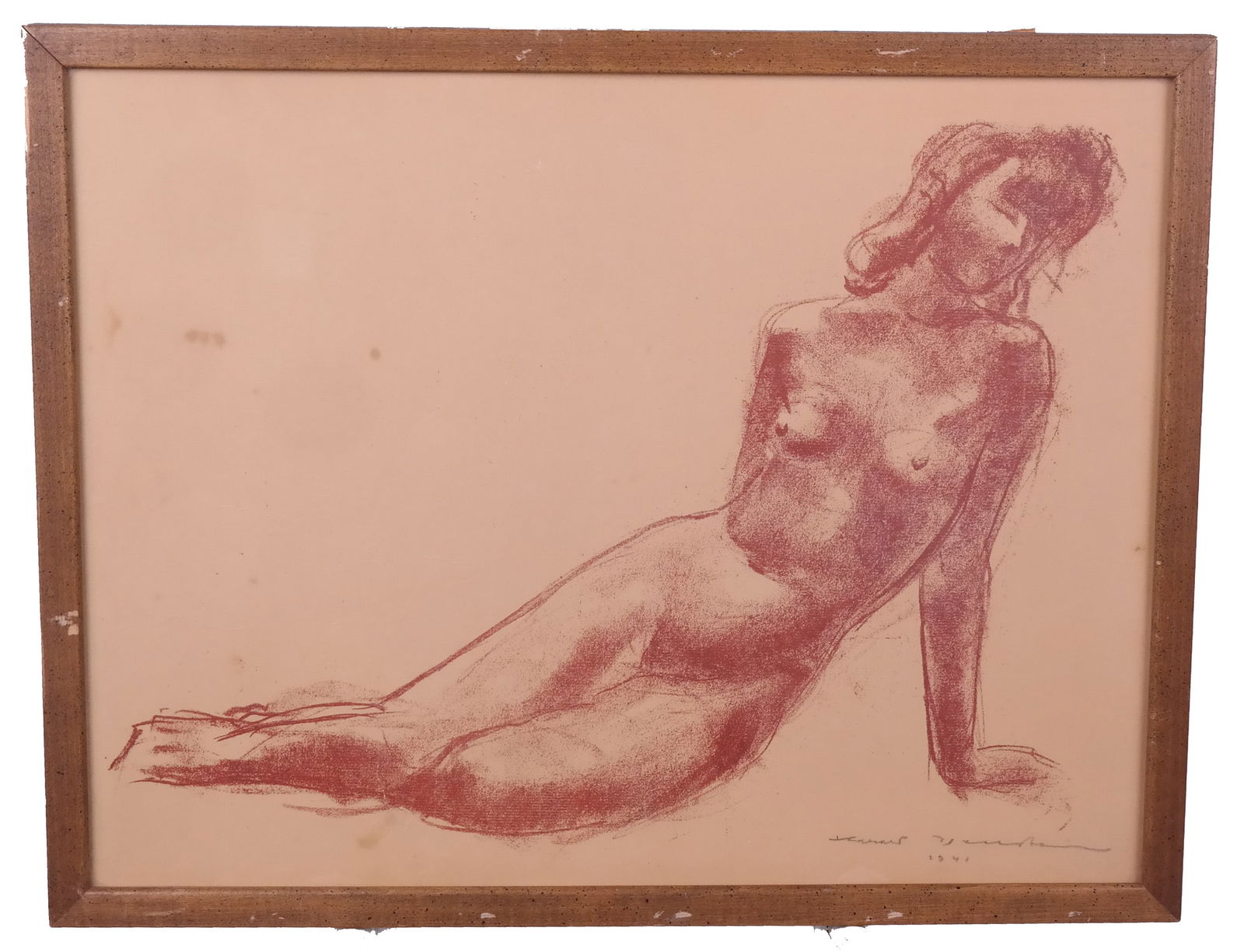 Reclining Female Nude - Lithograph: Framed lithograph, after a red conte crayon drawing of a nude female, illegibly signed lower right and dated 1941. [Art: 14" H x 19" W; Frame: 16 1/2" H x 21" W].