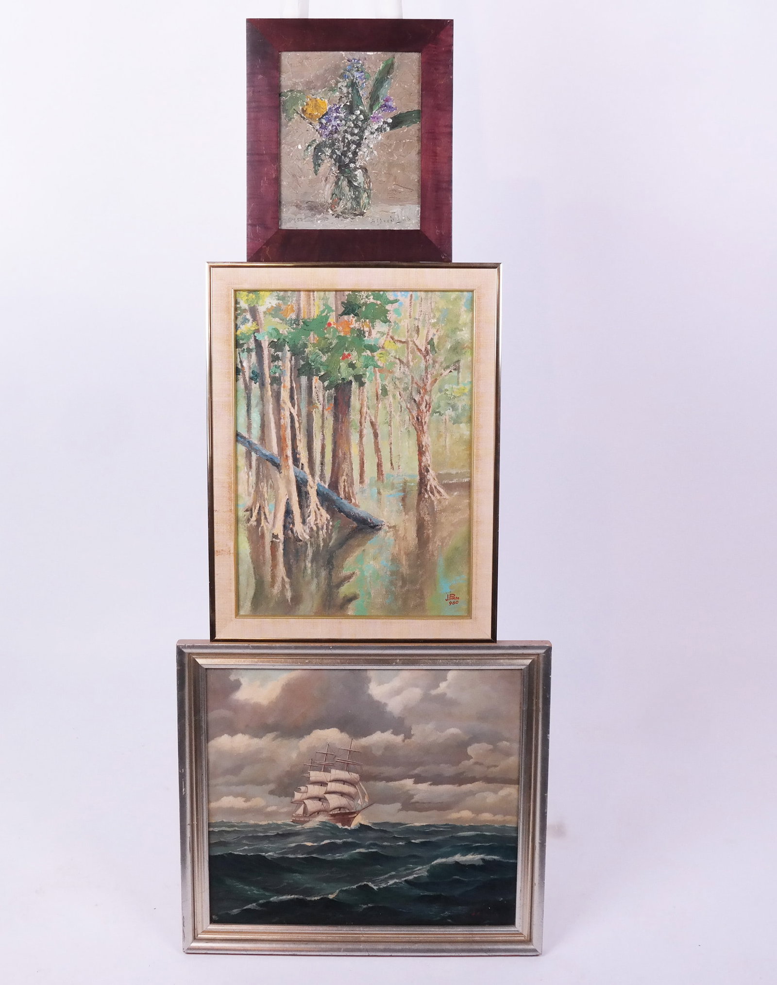 Three Framed Paintings: Three framed paintings, comprising: 1) a clipper ship, illegibly signed lower right; 2) an Alfred Lab floral still life, signed lower right, and 3) Joao Eduardo Pinto, trees, signed lower left. [Large