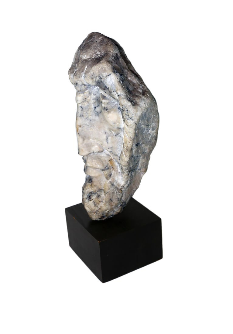 Marble Bust of a Man on Plinth Base: A marble bust of a man, set on a plinth, signed "Bark, 68". [Bust: 13" H; Overall with base: 16 1/2" H].