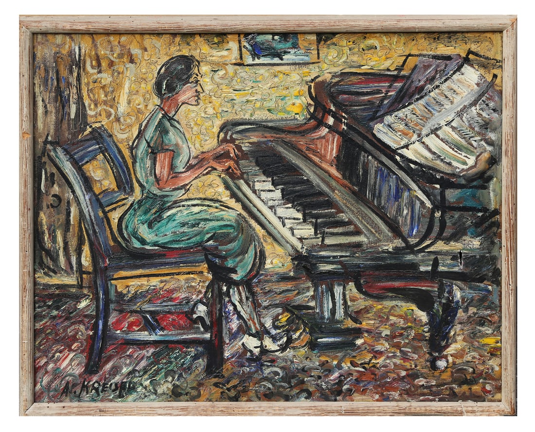 Alexander KREISEL: "Concerto" - Oil on Canvas: Alexander Kreisel (Russian-American, 1901-1953) oil on canvas painting depicting a woman playing the piano, signed lower left "A. Kreisel" and titled to verso "Concerto". [Sight: 24 1/4" H x 29 1/2" W