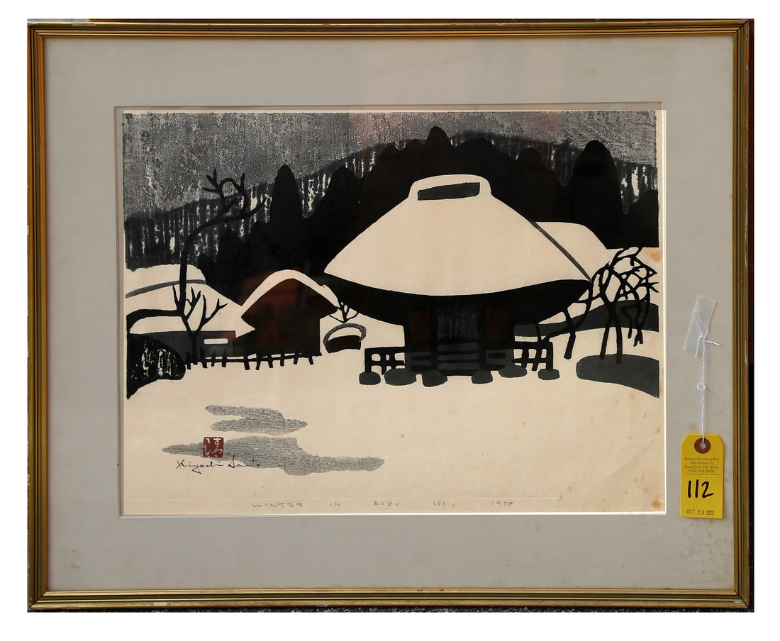 Kiyoshi SAITO: "Winter in Aizu" - Woodblock Print: Kiyoshi Saito (Japanese, 1907-1997) woodblock print from the "Winter in Aizu" series, titled, numbered "(6)", and dated to margin, with signature and chop mark in composition. [Framed: 28" H x 23" W].