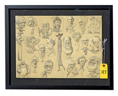 After David LEVINE: 22 Caricatures - Embossed Prin: Embossed print after David Levine (American, 1926-2009) depicting 22 caricatures, signed and dated in composition bottom middle, "D. Levine 63-69". [Sight: 13 1/2" H x 19 1/2" W; Frame: 18 1/2" H x 24