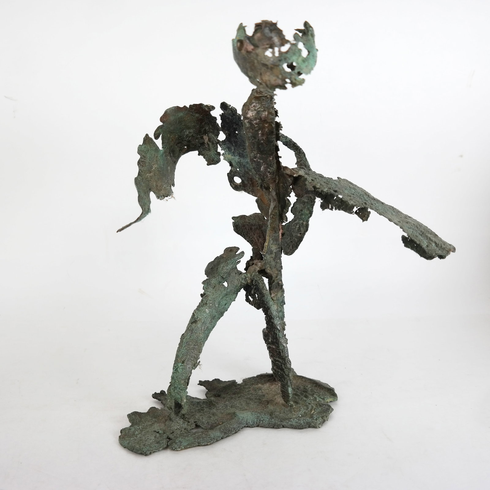 Jack Van DECKTER: Modern Brutalist Sculpture: Jack Van Deckter (American, 1917-1996). Modern Brutalist sculpture of a winged standing figure with green patina finish. Van Deckter was a painter, sculptor, master engraver, author, NYU & Art Craftsm