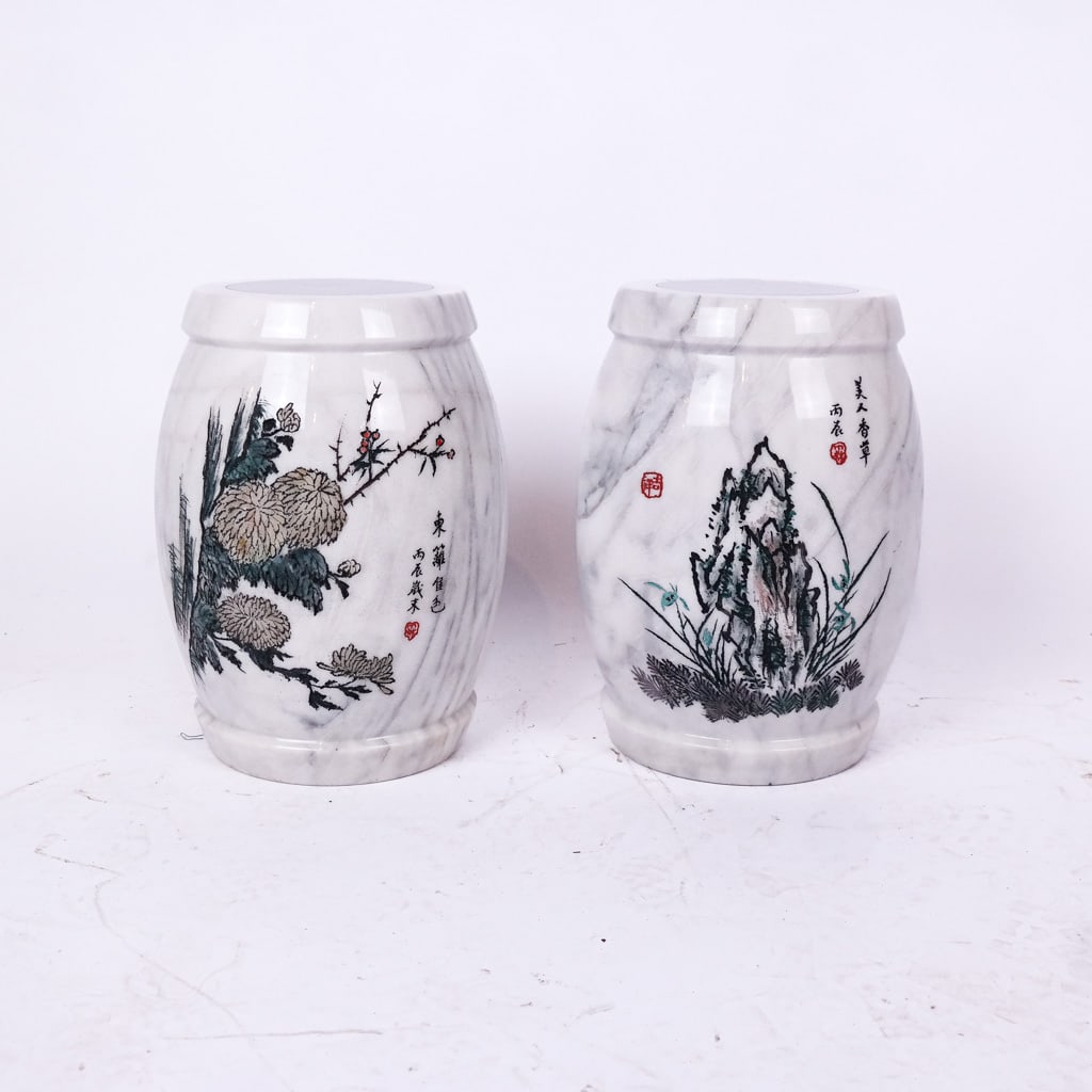 Chinese Pair of Carved Marble Garden Stools (1 of 13)