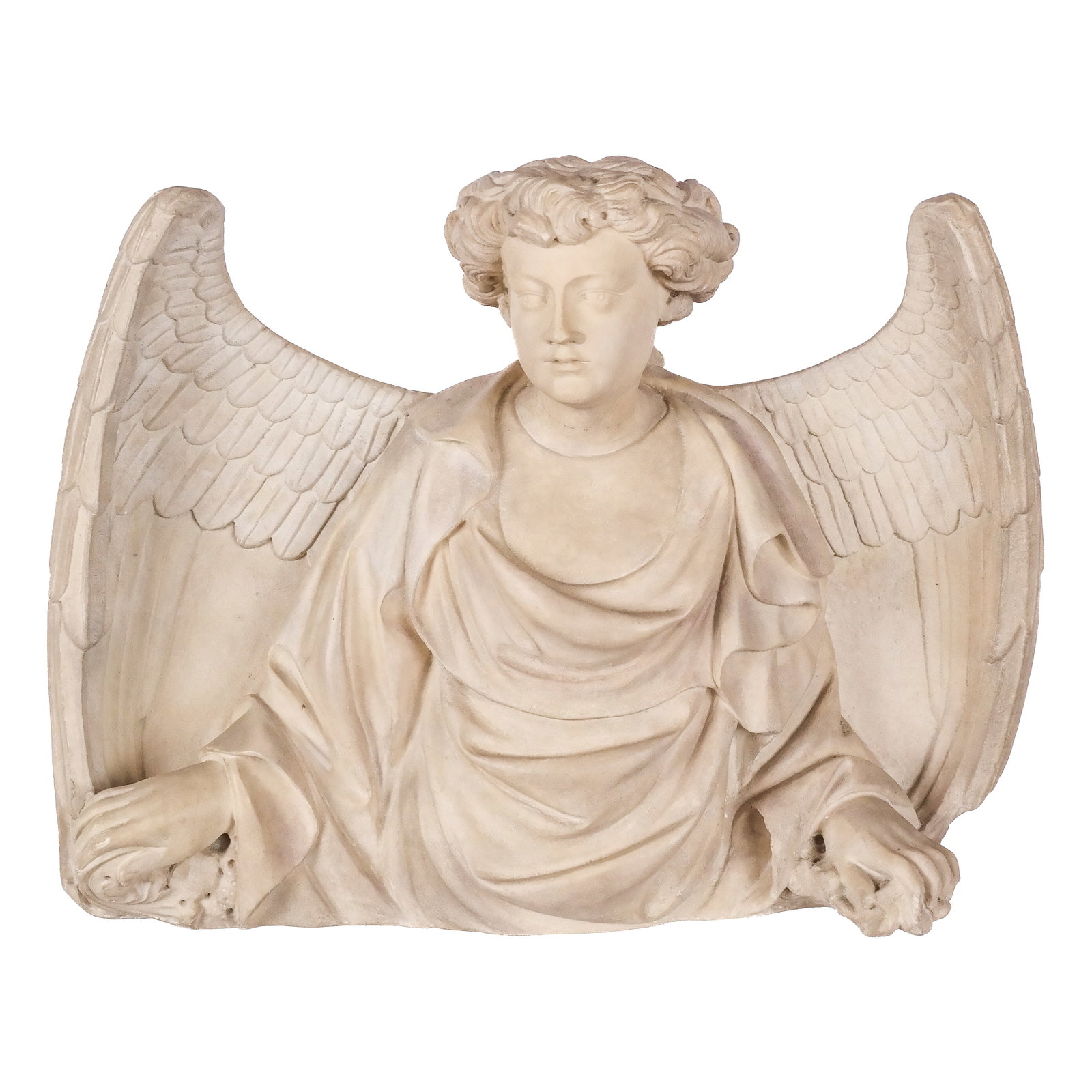 Baroque-Style Model of Winged Figure: Baroque-style model of a winged figure, possibly an archangel. [18" H x 25" W x 7 3/4" D]. Marks and wear to resin.