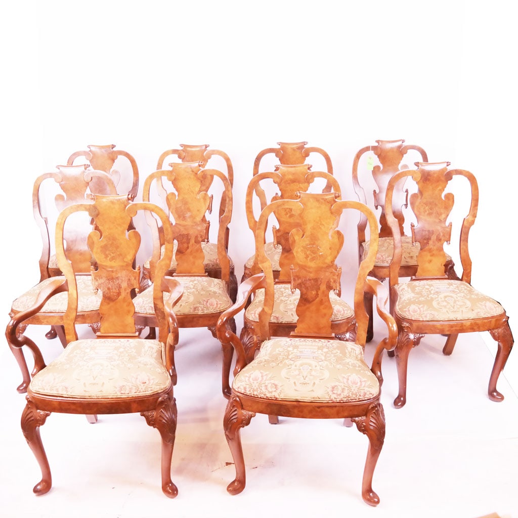 George II-Style Burl Walnut Dining Chairs (10) (1 of 11)