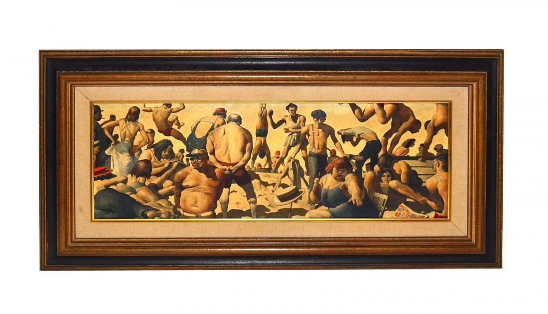 Robert Riggs Oil on Board "July 4 at Coney Island": Whimsical oblong panel depicting beach goers circa 1938. Image: 7 7/8" x 22 1/2". Frame: 15" x 29 3/4". Inscribed "Robert Riggs, Esq." on verso label. This work appears in the artist's Catalogue Raiso