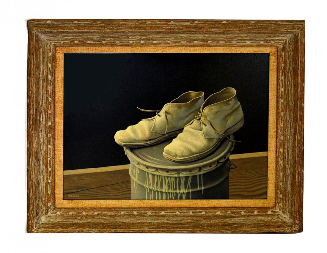 Roger Medearis [1970- American]: Framed painting titled "The Painters Shoes", egg tempera, [with Acrylic Polymer Emulsion]. Painted on hardbind panel coated with acrylic gesso. Signed Roger Medearis, Monterey Park, CA 170. [The shoes