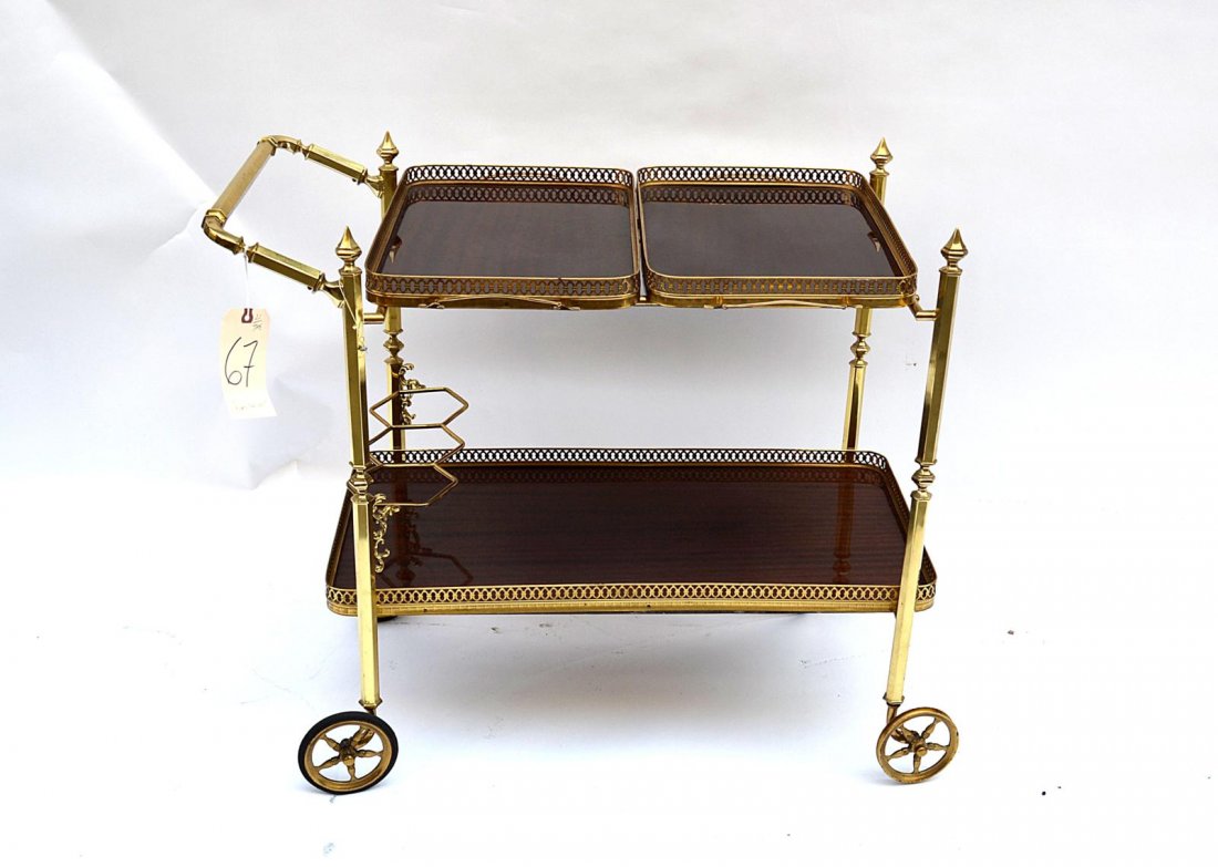 Brass Tea Cart: Brass tea cart with two tiers having two removable trays with reticulated galleries. Good condition.