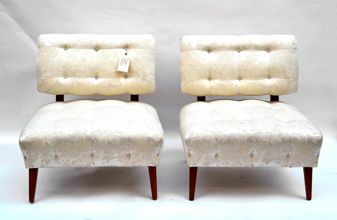 Pair 20th C. Modern Upholstered Chairs: Pair of tufted white upholstered side chairs. ( James Mont manner ) Good condition.