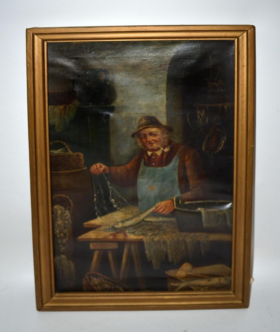 G. Zolher, Man Cleaning Fish: Oil on canvas of an interior scene of a man cleaning fish. Fair condition - tear at left. Art 20" x 15" approx.