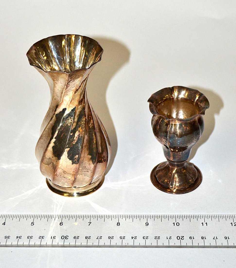Two Sterling Silver Vases: Two sterling silver vases. Maker: Fatto A. Mano. 10" high at tallest. Italian. Good condition. Total 6.84 ozt.