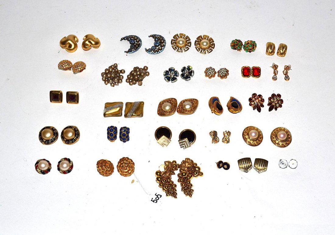 Assorted Costume Earrings: 25+ clip and post earrings with various paste stones, faux pearl, and enamel settings among others.