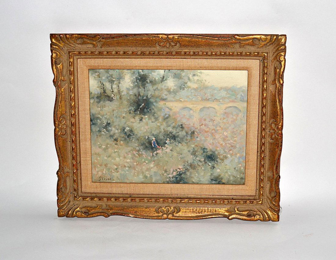 Andre Gisson Oil on Canvas - Figures in Landscape: Impressionist landscape with two figures on the bank of a river with a bridge in background. Signed "Gisson" bottom left. Image - 8.5" x 11.5", frame 13.75" x 16.75". Repairs at bottom center and uppe