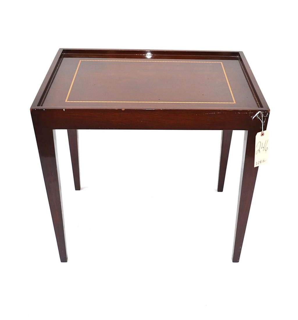 Donghia "Paris" Table c1983: A contemporary mahogany table with an inlaid border at the center. Scratches - nicks. 24" x 30" x 28"H.