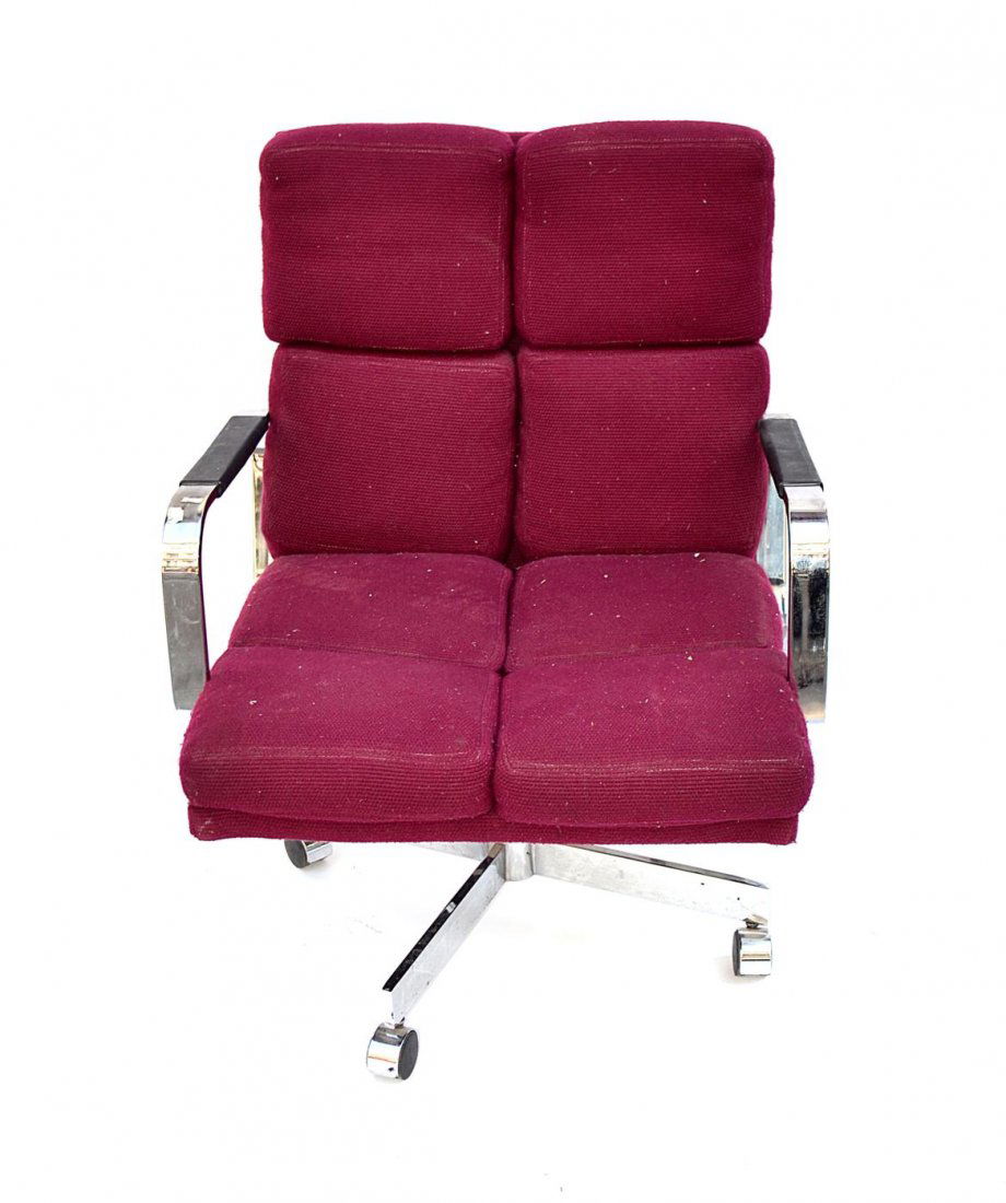 Milo Baughman for Thayer Coggin Chrome Chair: Modern chrome chair, purple upholstery. American c1970. Worn.