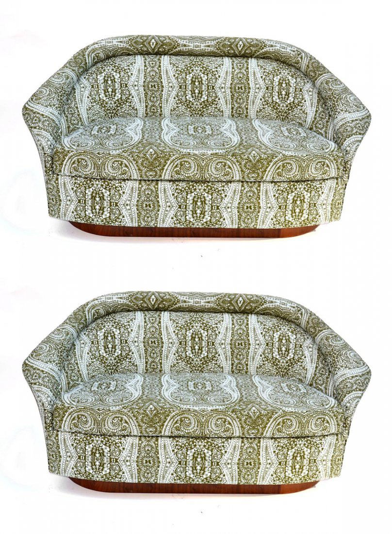 Pair of Green Settees: Pair of modern green upholstered settees. 60" - 62"L. Good condition.