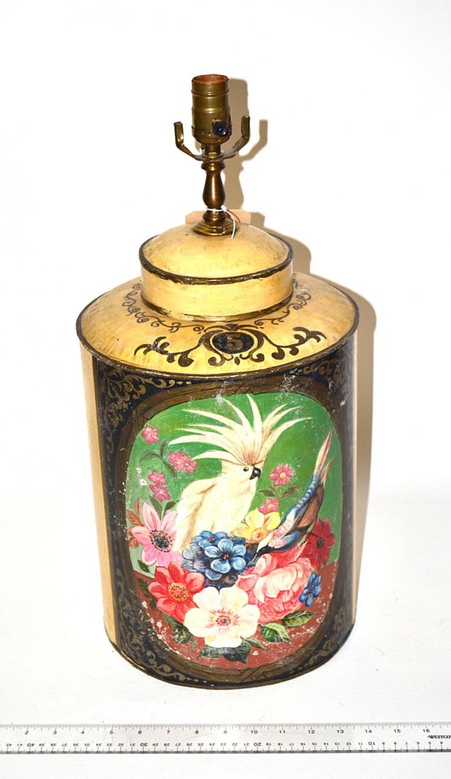 Tole Canister Lamp: Floral decorated with a cockatoo. Some wear. 21" H.