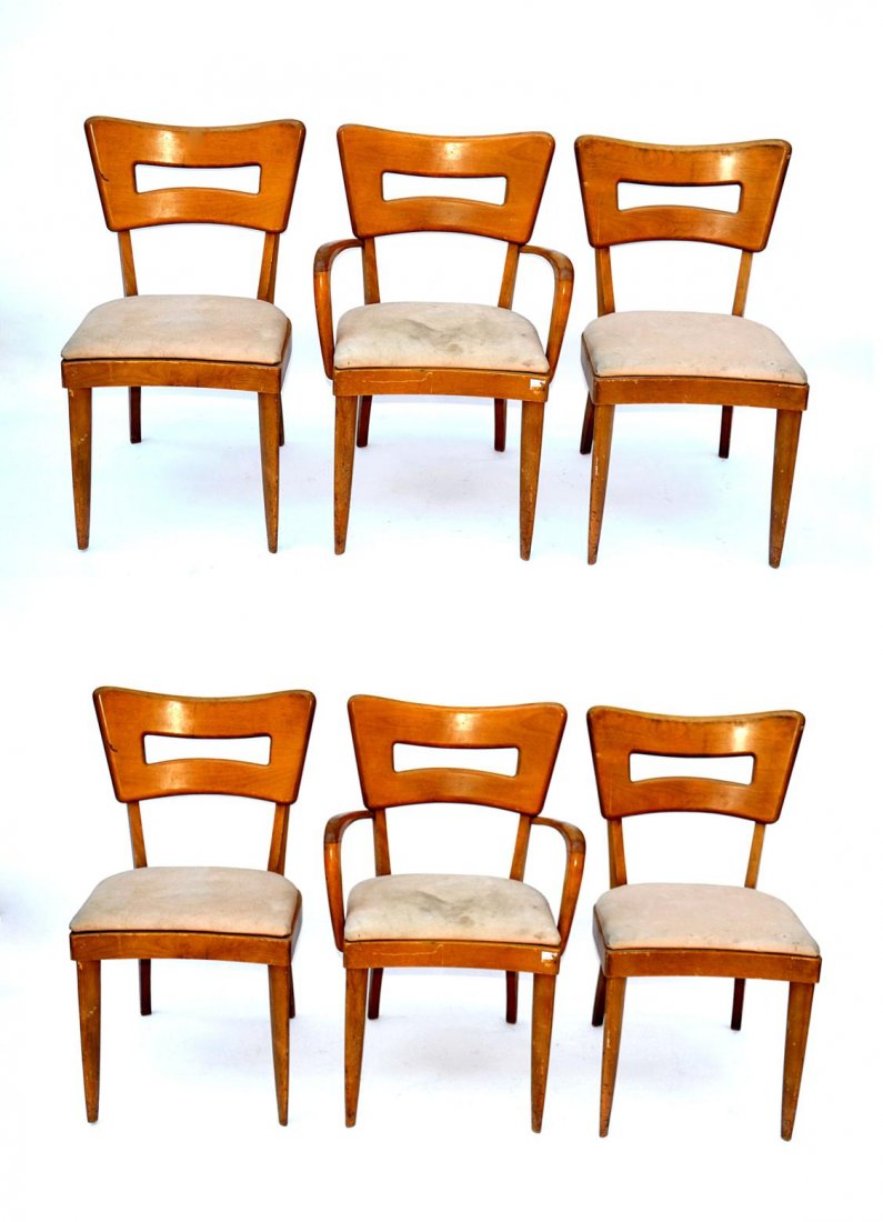 Set of 6 Vintage Heywood Wakefield Dining Chairs: Comprises two armchairs and four side chairs. 20 1/4" w x 19" d x 33" h (18" high to seat). Wear consistent with age and use.