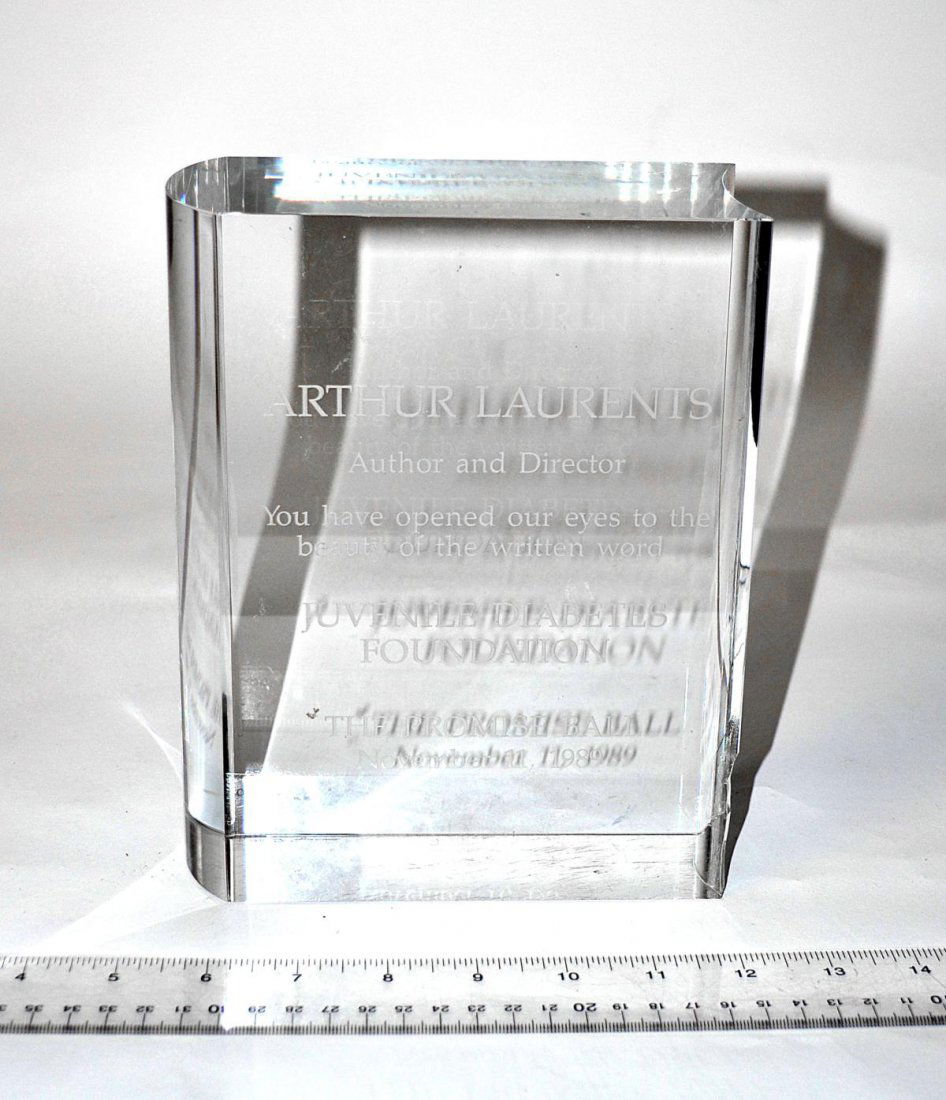 Arthur Laurents' Juvenile Diabetes Award: Large book-form cut crystal award by Hoya and signed "T. Sugasawa" at bottom left. Bears etched inscription: "Arthur Laurents / Author and Director / You have opened our eyes to the beauty of the writ