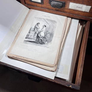 Assorted Antique French Caricature Prints: Antique French caricature prints and engravings, including works after Paul Gavarni, Honore Daumier, Louis-Leopold Boilly, and others, and several pages from the antique French magazine Le Charivari.