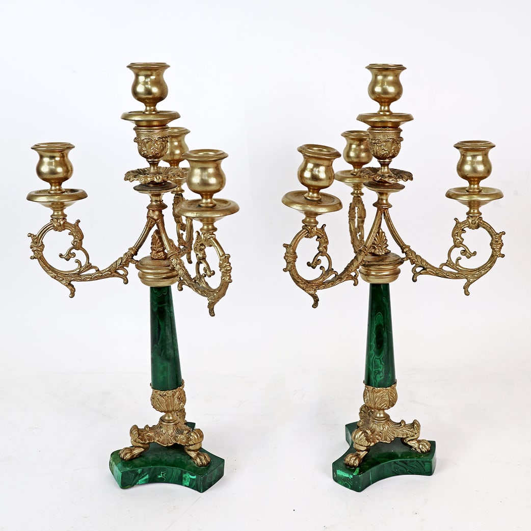 Pair of Russian Gilt Metal & Malachite Candelabra (1 of 6)