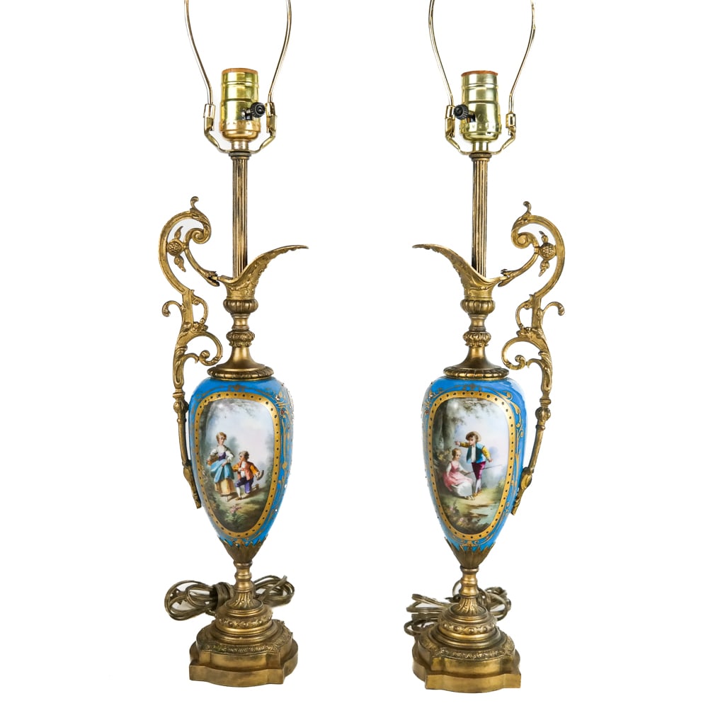 Pair Louis XVI-Style Gilt & Porcelain Ewer Lamps (1 of 8)