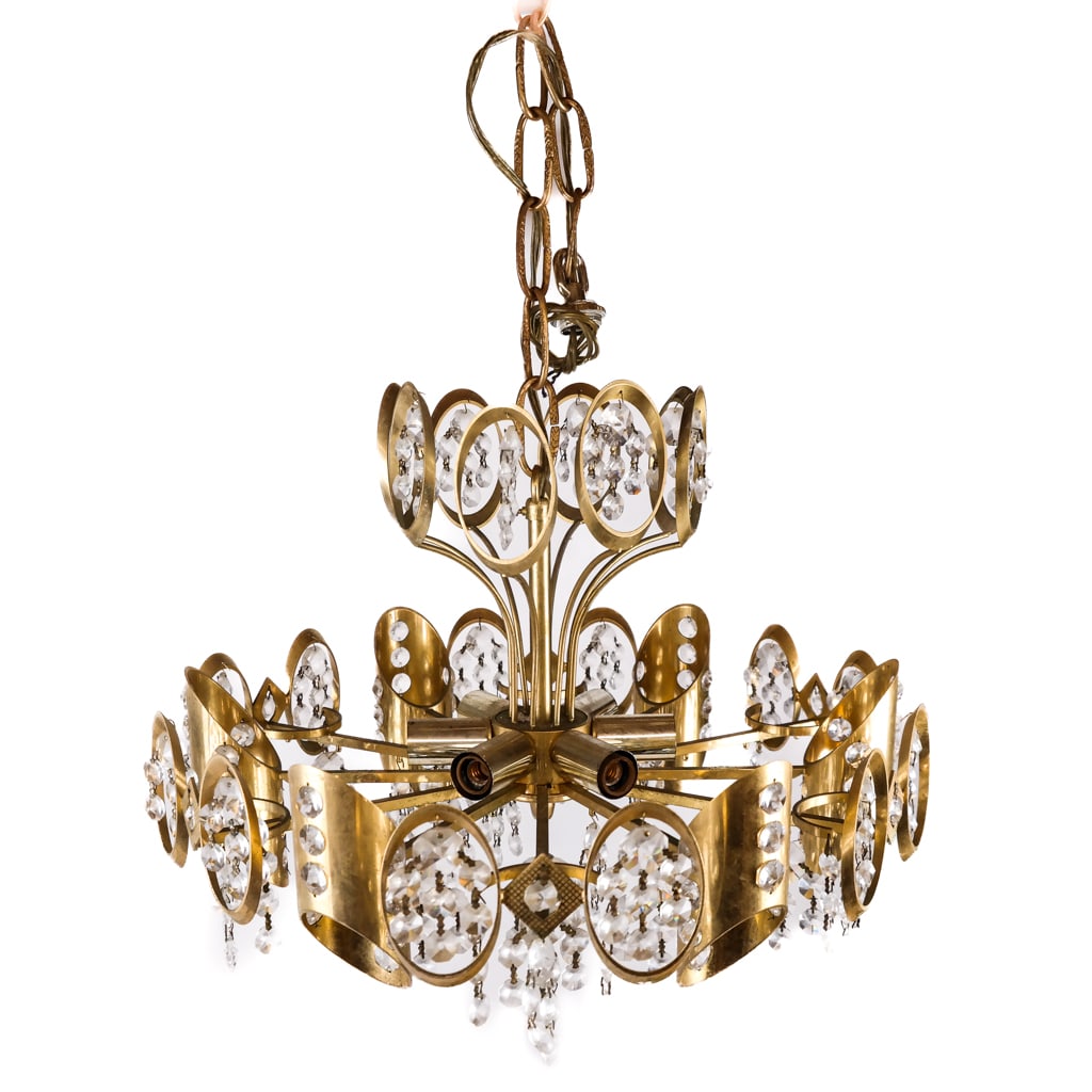 Mid-Century Modern Gilt Metal and Glass Chandelier: Circa 1970, with retro space-age details and faceted prisms. [11 1/2 x 16 1/2 diam. inches].