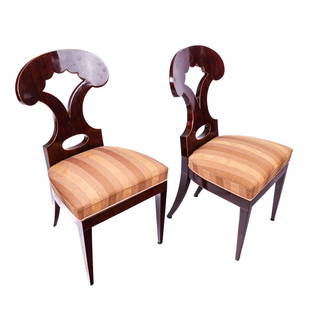 Pair of Biedermeier Inlaid Mahogany Side Chairs: Pair of Biedermeier inlaid mahogany side chairs, early 19th century, Austrian or Baltic, in the manner of Josef Danhauser (1780-1829), elegantly carved and inlaid with diamond and oval motif splats, o