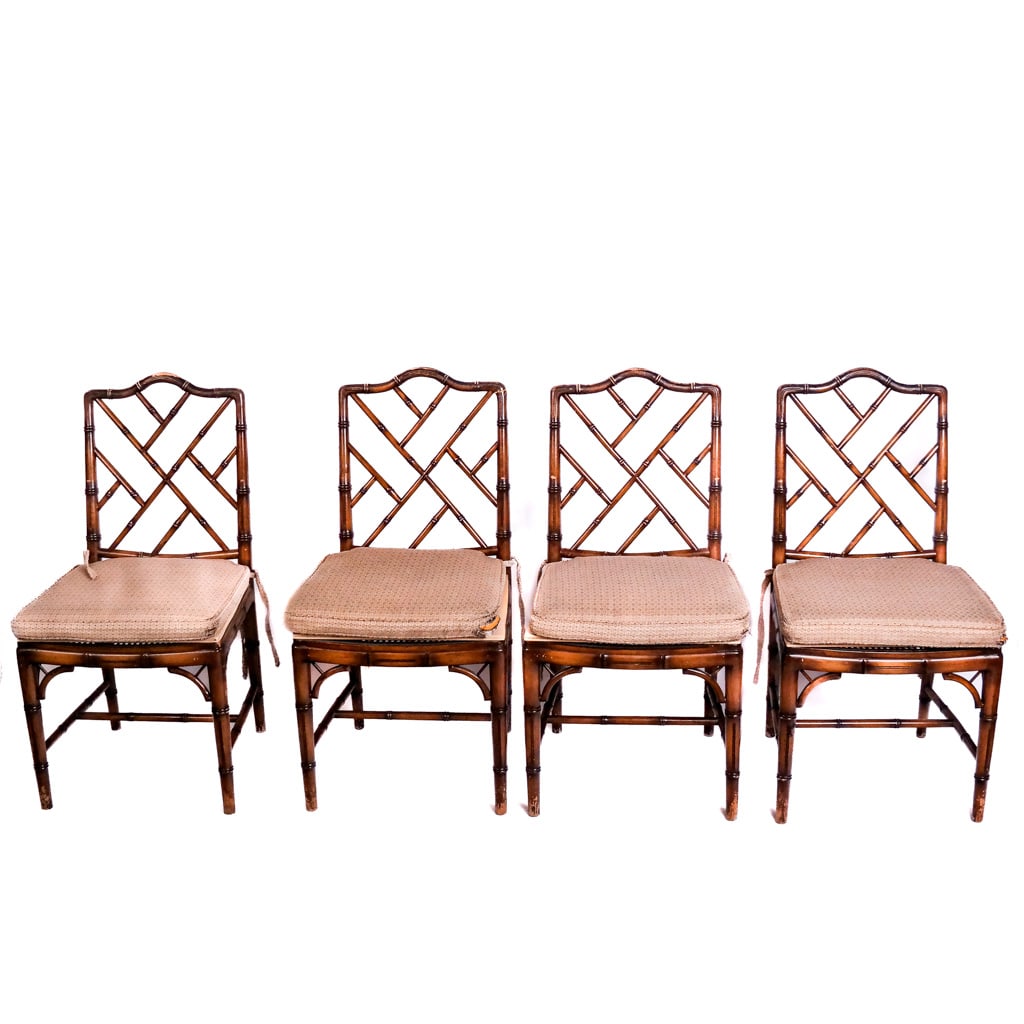 Four Yale Burge-Style Side Chairs: Four (4) Yale Burge-style side chairs, third quarter of the 20th century, in the Hollywood Regency style with cockpen faux bamboo motif. [36 1/2" H x 19" W x 20 1/2" D]. Later plywood seats over damag
