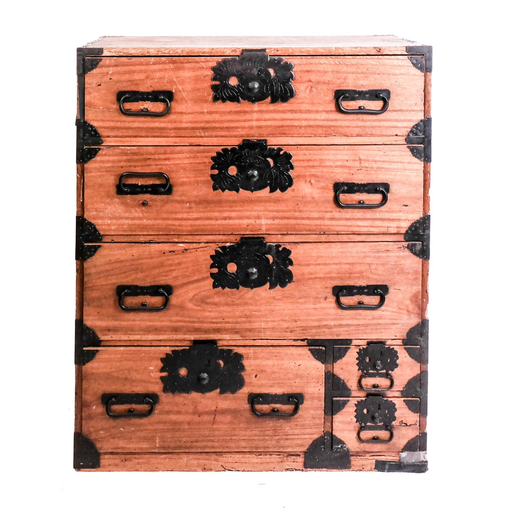 Japanese Elm Wood Chest of Drawers: Japanese elm wood chest of drawers. [41" H x 34" W x 16 1/2" D]. Case with cracks; stains and losses.