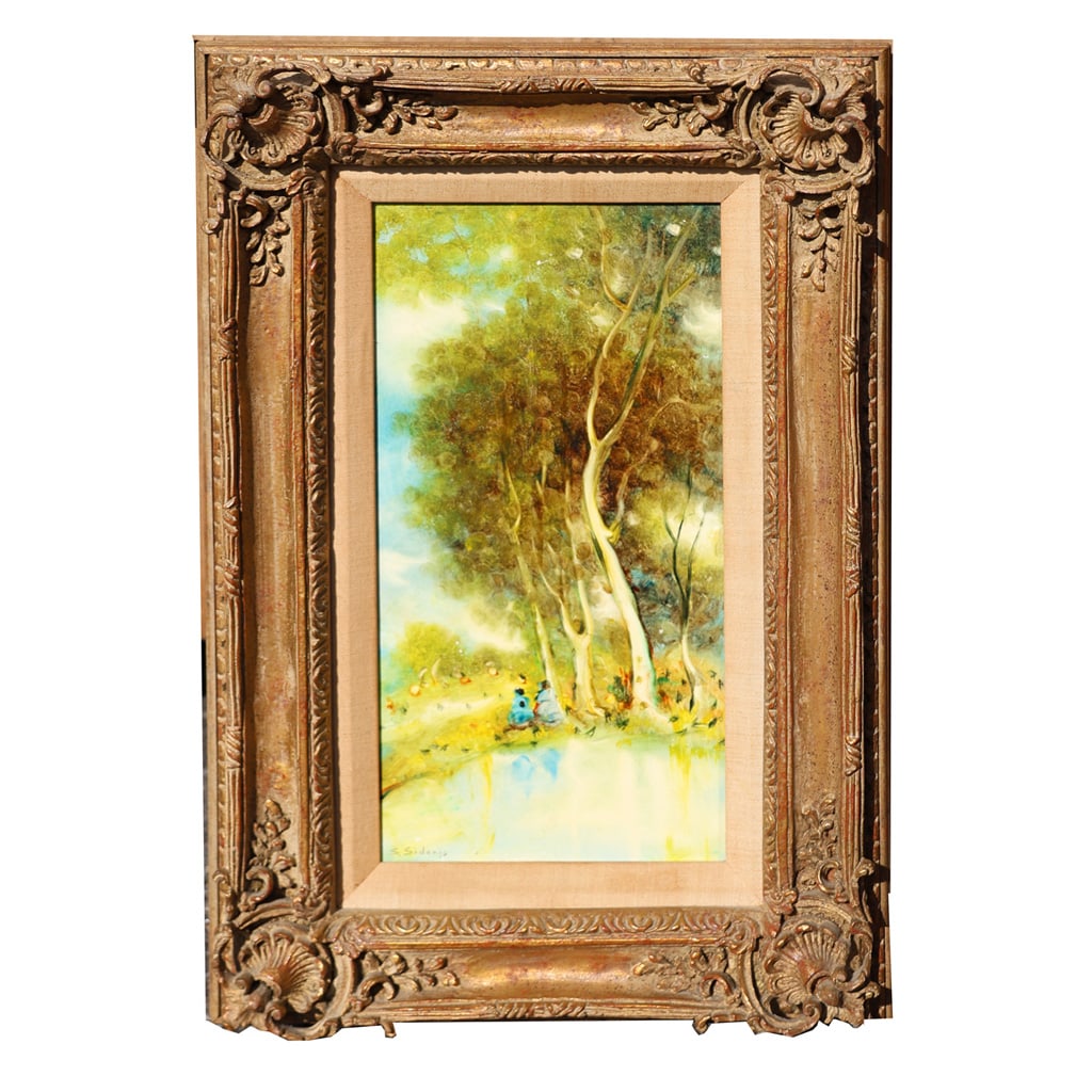 Stefano SIDERIS: Figures at a Tree - Painting: Painting on masonite of figures at a tree, signed lower left. [Art: 16" H x 8" W; Frame: 23" H x 15" W]. In good condition.