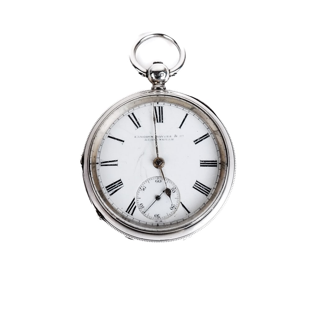 English Silver Pocket Watch by Langdon Davies: English silver pocket watch by Langdon Davies & Co., Birmingham, 1904. [2" Diam.]. Some dents on case.