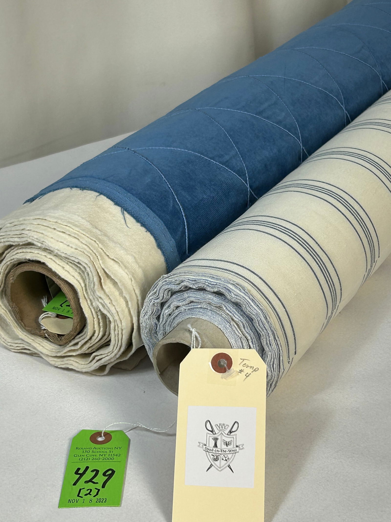 Blue & White Linen Stripe, Quilted Velvet Fabric: 1) 20 1/2 yards of a blue and white linen warp stripe, possibly from Portugal, 56 1/2" width. The upholstery / window quality has a 3 1/2" horizontal repeat. In good condition. 2) 5 1/4 yards of a med