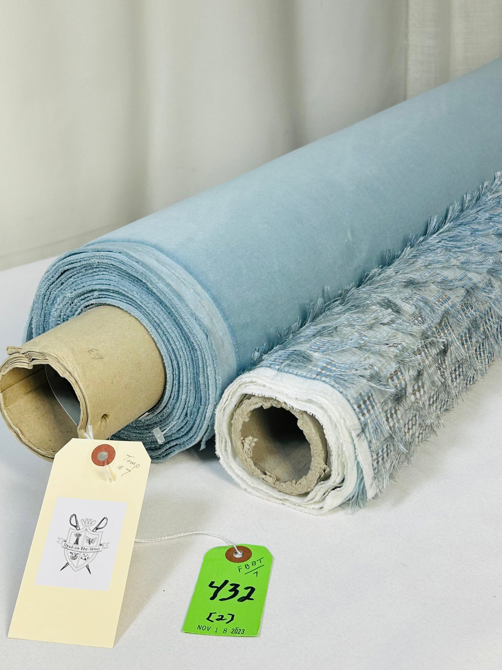 Osborne & Little Sheer and Blue Velvet Fabrics: 1) 5 1/4 yards of Osborne & Little eyelash sheer "Kanoko Kiri" in "Sky/Silver", 55" width. The unique polyester textile is dynamic and beautiful. The design repeats are 47" vertical with a fall width