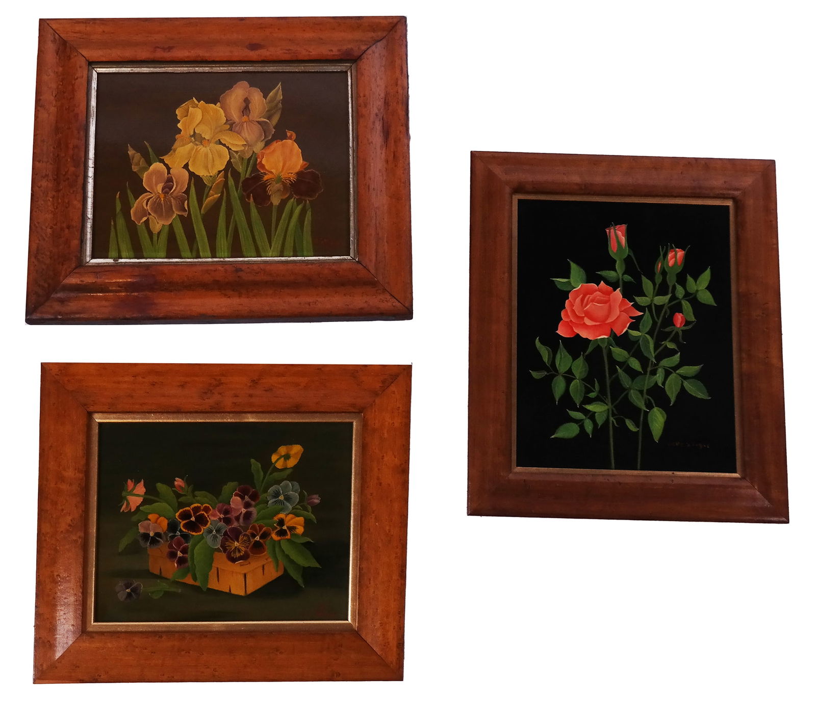 Belle KAYNE: Three Floral Studies - Oil Paintings: Three oil on board floral studies, finely done, late 20th century, signed "Belle Kayne", in bird's-eye maple "OG" frames. [Art: 7" H x 9" W; Frames: 12" H x 14" W].