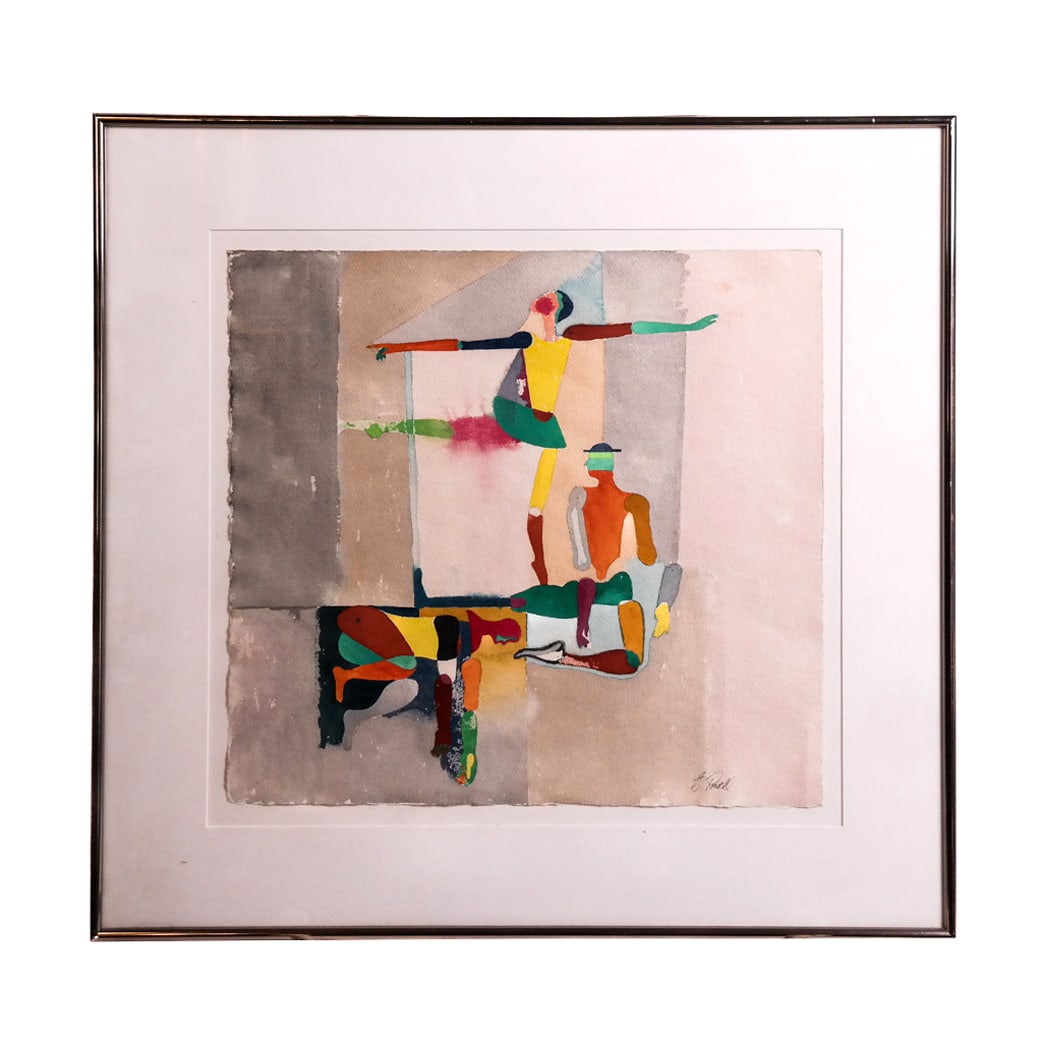 E. POWELL: Marionetttes - Watercolor Painting: Watercolor on paper modern study of colorful marionettes as ballet dancers, signed "E. Powell". [Art: 15" H x 16" W; Frame: 22 1/2" H x 23 1/2" W].