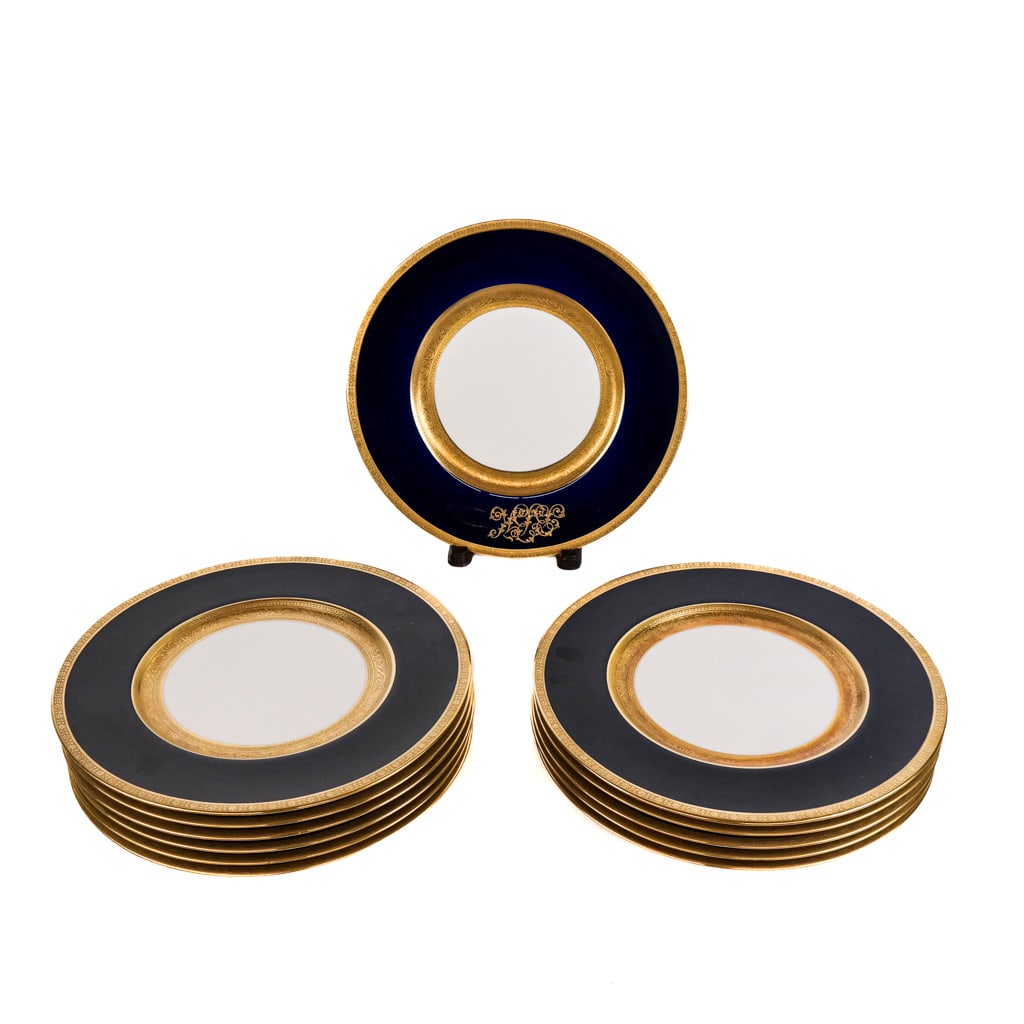 Shenango American Porcelain Dinner Plates (12): Lot of twelve (12) Shenango American porcelain dinner plates, early 20th century, having cobalt blue border with gilt bands, marked to bases. [11 5/8" Diam.].