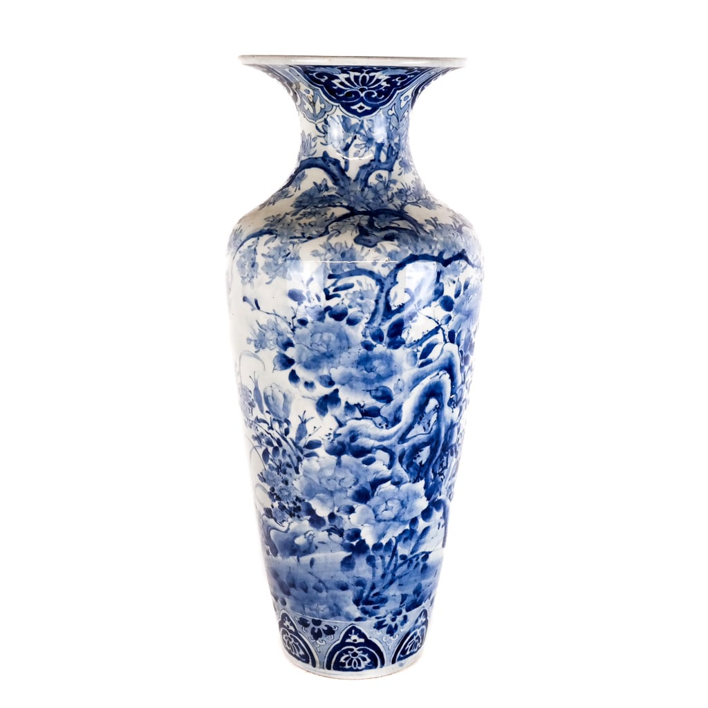 Large Chinese Blue & White Porcelain Vase: Large Chinese blue and white porcelain vase, 20th century, with scenic detail of a landscape with peony and flowering trees, unmarked. [24" H x 10 3/4" Diam.]. Small imperfections to glaze; minor wear