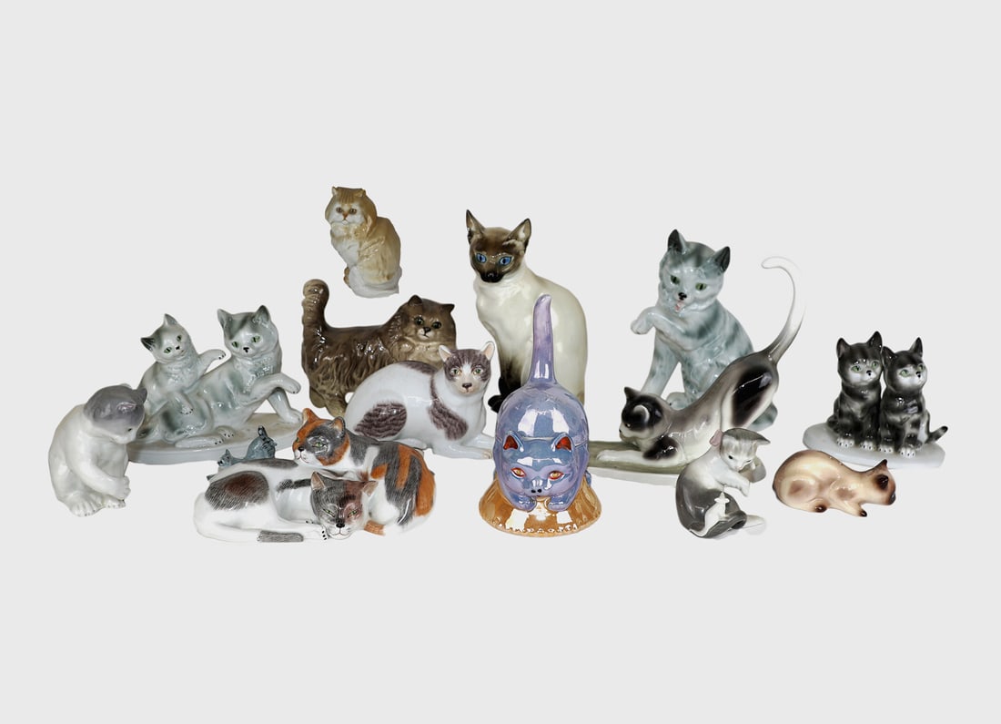 Group of Porcelain & Ceramic Grey & Tan Cats (12) (1 of 16)