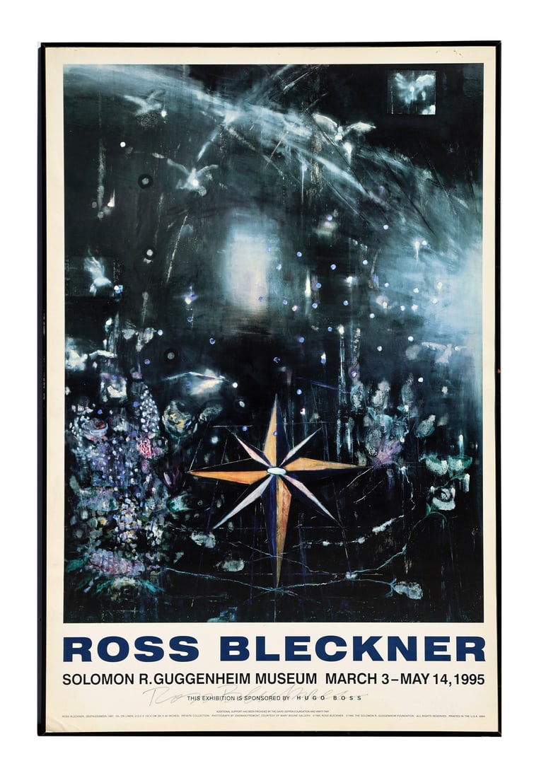 Ross BLECKNER: Guggenheim, 1995 Poster, Signed: Ross Bleckner (American, b. 1949) Guggenheim Exhibition poster, March 3 - May 14, 1995 "Deathlessness", signed, “To Herb”, matted and framed under glass. [Sheet: 36" H x 26 12" W; Frame: 3