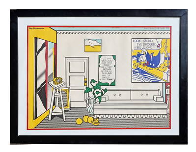 Roy LICHTENSTEIN: "Look Mickey," Offset Lithograph: Roy Lichtenstein (American, 1923-1997) offset lithograph poster featuring the 1973 work 'Artist's Studio, Look Mickey'. Printing was done by Manifesti Di Electra, Florence, Italy in 1982 to promote th