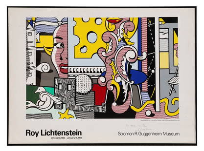 Roy LICHTENSTEIN: Guggenheim Exhibition Poster: Roy Lichtenstein (American, 1923-1997) "Go For Baroque" Guggenheim Museum, exhibition poster, 1993. Screenprint in colors on paper, signed “For Herb from Roy Lichtenstein", framed under glass. [28 1