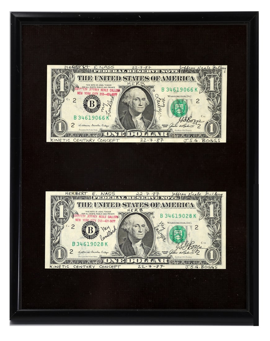 J.S.G. BOGGS: Two $1 Bills, Signed (1 of 4)