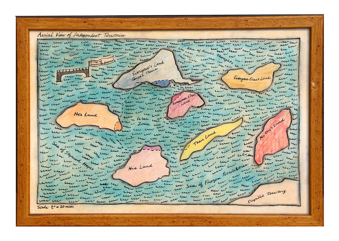 Roberta ALLEN: Large Map: Roberta Allen (American, b. 1945) "Aerial View of Independent Territories", fantasy map painting, framed under glass. [Frame: 16 1/2" H x 24" W]. In good condition.