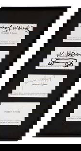 Group of Four Artist-Signed Business Cards: Group of four Herbert Nass business cards, each one signed by a different artist, including Andy Warhol, Keith Haring, James Rosenquist, and Alex Katz, matted and framed under glass. [Frame: 12 1/4" H