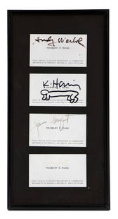 Group of Four Artist-Signed Business Cards: Group of four Herbert Nass business cards, each one signed by a different artist, including Andy Warhol, Keith Haring, James Rosenquist, and Alex Katz, matted and framed under glass. [Frame: 12 1/4" H